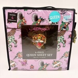 Ed Hardy Queen Sheet Set 6 Piece Pink Tattoo Print Double Brushed Polyester